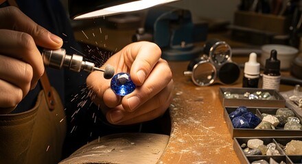 A jeweler's hands meticulously shaping a blue gemstone with a rotary tool on a workbench.