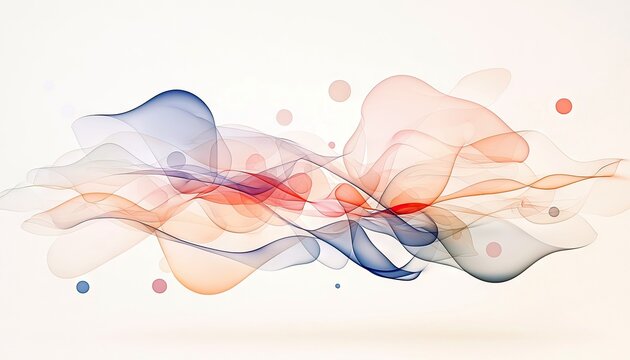 An abstract digital art piece featuring translucent, flowing waves and small circular bubbles in a gradient of blue, orange, and red hues against a soft, light