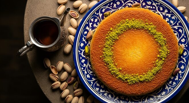 Golden pastry dessert with pistachio ring served on ornate plate alongside coffee.