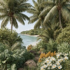Fototapeta premium Serene Tropical Beach Scene with Lush Greenery and White Flowers