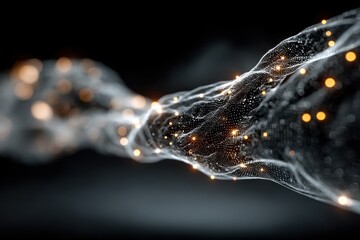 Digital wire with flowing binary code and glowing lights in a futuristic dark scene