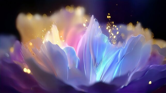 Close-up of abstract, translucent flower petals in shades of purple, blue, and yellow, with glowing golden particles and soft bokeh lights against a dark backgr