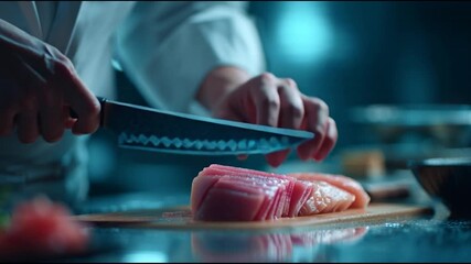 Master chef preparing fresh sushi with precision knife skills in elegant restaurant, slicing raw tuna for modern Japanese cuisine experience