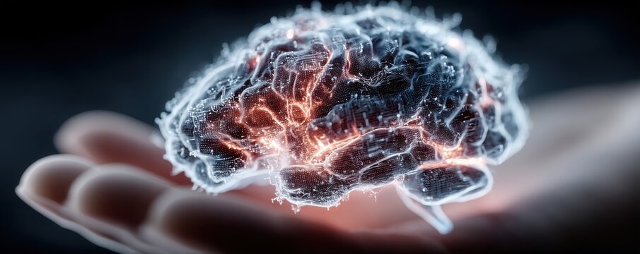 Kind hands cradle a glowing holographic brain, symbolizing advanced neuroscience and human tech harmony