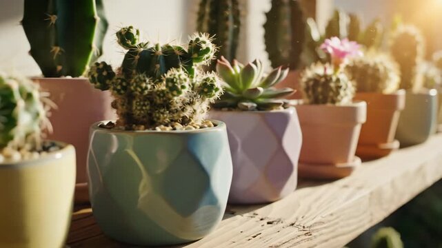 Cactus Collection in Pastel Pots - A row of small, potted cacti sits on a wooden shelf, each in a uniquely colored pastel ceramic pot.