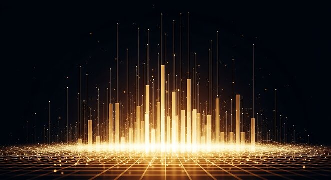 Abstract Golden Data Visualization with Glowing Bars and Networked Dots