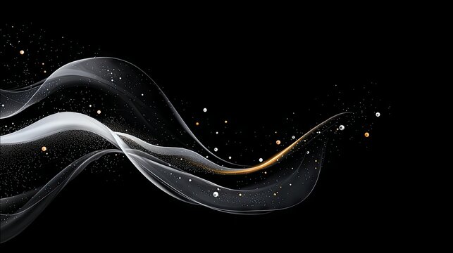 Abstract flowing waves of white and gold with sparkling particles against a dark, mysterious background. - Powered by Adobe