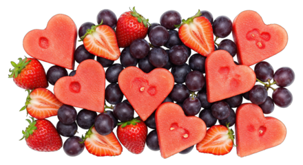 Heart watermelon slices, strawberries, and grapes make a festive fruit arrangement for any occasion