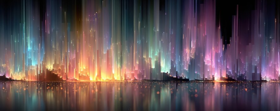 Abstract neon city skyline at night with colorful vertical light bars and reflections