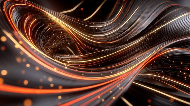 Abstract swirling dark lines with glowing orange and gold particles, creating a sense of motion and depth.