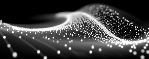 Abstract light waves and dotted lines flow across a black background in a futuristic display