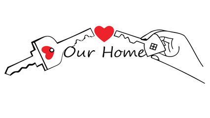 Two keys with red hearts and the text our home symbolizing love and home ownership