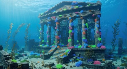 Sunken Temple Ruins: Vibrant Coral Encrusted Ancient Architecture Underwater