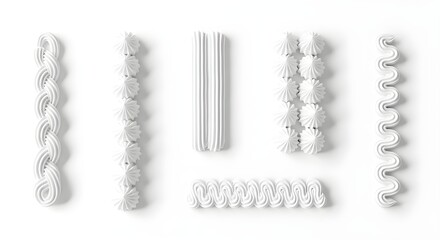 Isolated white frosting piping border set for cake decoration on white background