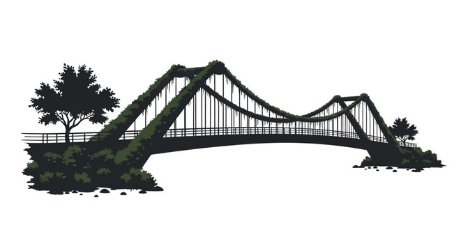 Overgrown suspension bridge engulfed in lush green vines evokes a sense of forgotten journeys and untamed natural beauty