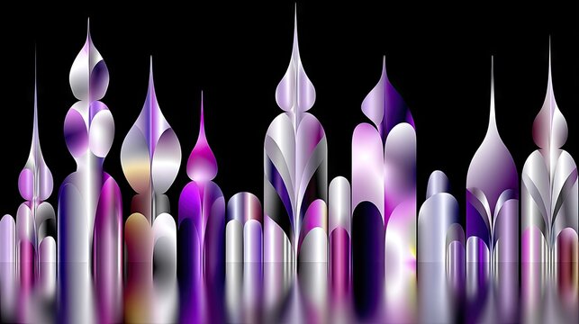 A stylized, abstract cityscape featuring a row of futuristic towers with pointed tops, rendered in gradients of purple, silver, and white against a black backgr