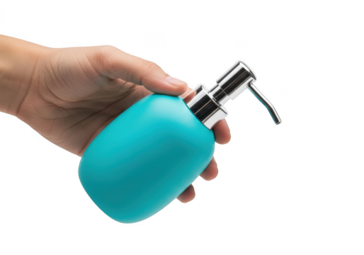 Hand holding a teal soap dispenser with chrome pump mechanism isolated on black isolated on transparent background