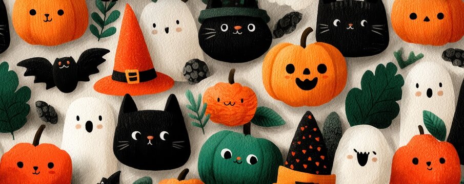 Halloween cartoon pattern featuring pumpkins, a cat, a witch hat, and bats in a cute festive scene