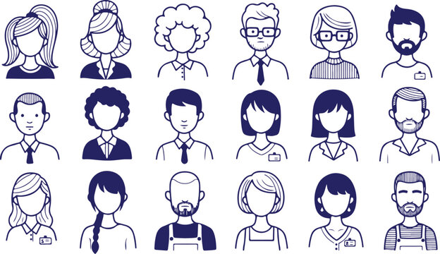 Vector art of diverse group of people avatars, outline style, isolated on