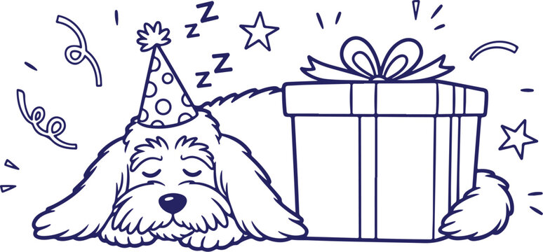 Vector art of cute cartoon dog sleeping with party hat and gift box, isolated on - Powered by Adobe