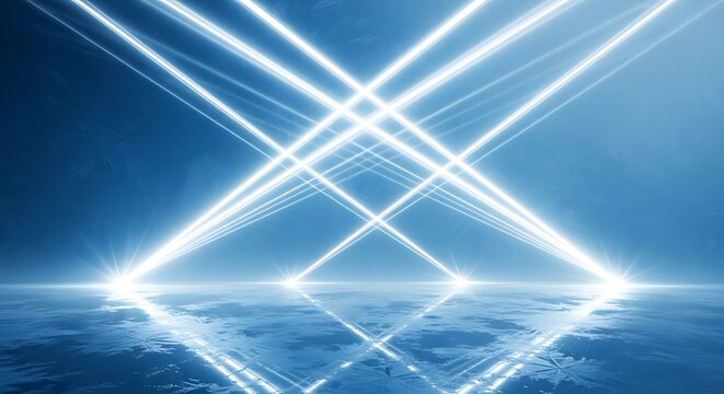 Abstract blue background with intersecting white light beams and reflections on water