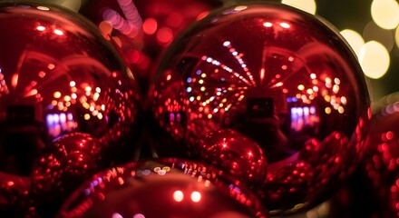 Close up of shiny red christmas ornaments reflecting festive lights