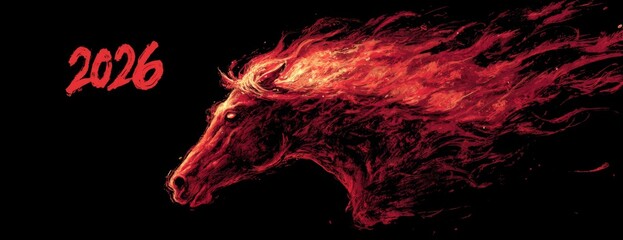 Fiery horse illustration representing Lunar New Year 2026 on black background  