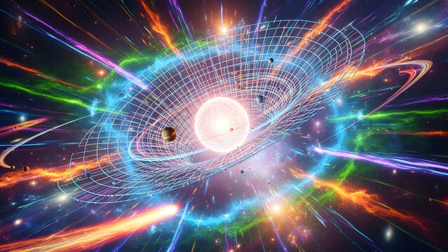 Visualization of the Spacetime Continuum: Gravitational distortion shown as a warp in the cosmic grid caused by a massive star. General Relativity concept illustration with colorful light streaks.