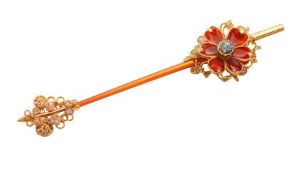 Traditional Korean hairpin featuring intricate decorative details and elegant cultural craftsmanship displayed vertically for clear ornamental view isolated on white background