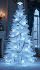 Beautiful white christmas tree decorated with luminous lights and ornaments in an elegant living room interior