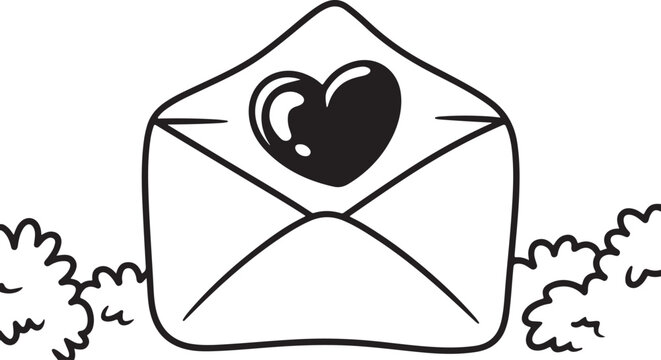 Vector outline hand drawn open envelope with a heart inside, representing a love letter or message
