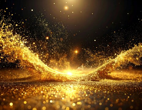 Abstract artwork features golden particles in a wave-like formation against a dark background, with glowing orbs