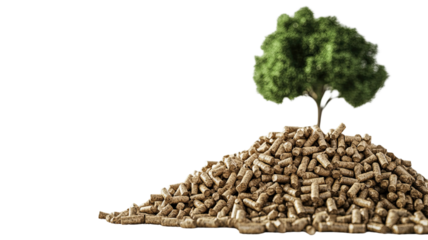 Visually appealing stack of biomass wood pellets arranged in tall organized pile showing renewable energy fuel material isolated on white background