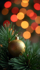 Close up of a sparkling gold ornament hanging on green pine needles with blurred bokeh lights background