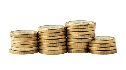 Tall stack of shiny metal coins arranged in neat vertical pile showing financial growth wealth savings isolated on white background