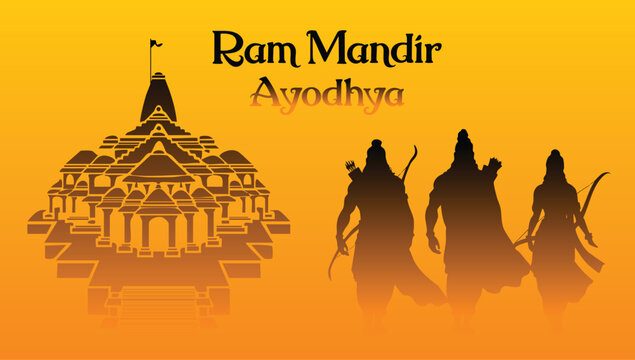 Ram Mandir Ayodhya Silhouette, Vector Illustration on Orange Background.