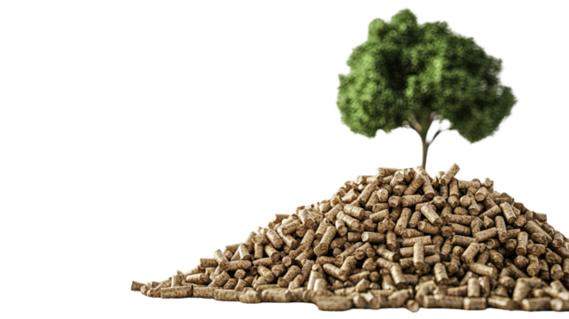 Visually appealing stack of biomass wood pellets arranged in tall organized pile showing renewable energy fuel material isolated on white background