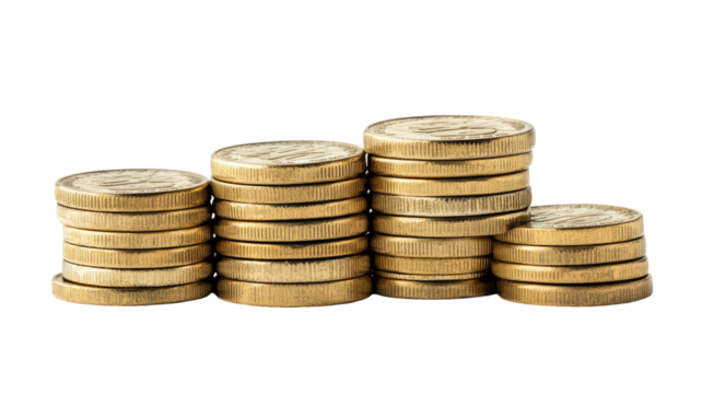 Tall stack of shiny metal coins arranged in neat vertical pile showing financial growth wealth savings isolated on white background