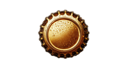 New golden bottle cap for beer with shiny metallic finish showcasing sleek design and secure sealing function isolated on white background