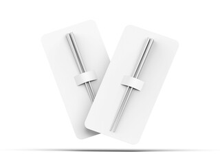 Metallic chopsticks mockup with paper pack on isolated white background, 3d illustration.