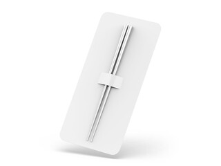 Metallic chopsticks mockup with paper pack on isolated white background, 3d illustration.