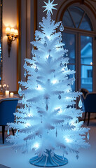 Elegant white evergreen tree illuminated with cool blue lights and clear crystal ornaments, sophisticated indoor decor