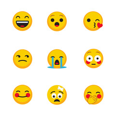 Fototapeta premium Collection of nine expressive yellow emoji faces on a white background