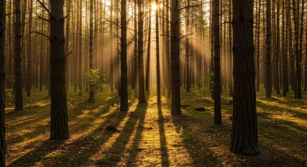 Sunlit Forest: Golden Rays Through Tall Trees, Creating Dramatic Shadows and a Serene Atmosphere