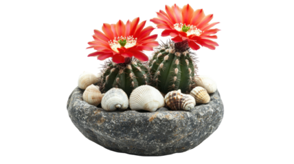 Green cactus with vibrant red flowers blooming at the top showcasing sharp spines and bright floral contrast isolated on white background