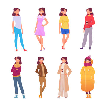Cartoon Young Woman Character in Different Seasonal Outfits Collection