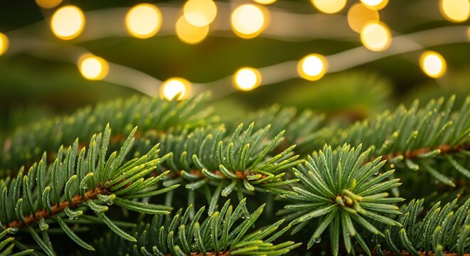Close up of evergreen tree branches with soft bokeh fairy lights