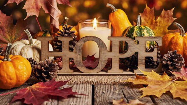 Rustic Autumn Hope Composition - A rustic autumn composition featuring pumpkins, gourds, pine cones, and colorful fall leaves on a wooden table.