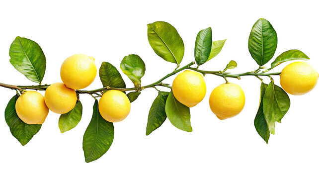 Fresh ripe lemon tree branch with vibrant yellow fruit and glossy green leaves showcasing natural texture and botanical detail isolated on white background