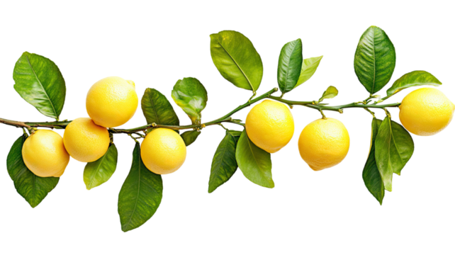 Fresh ripe lemon tree branch with vibrant yellow fruit and glossy green leaves showcasing natural texture and botanical detail isolated on white background - Powered by Adobe